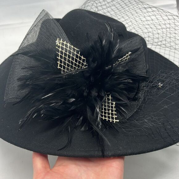 Black Wool Women's Formal Hat with Netting & Feathers - Picture 1 of 8